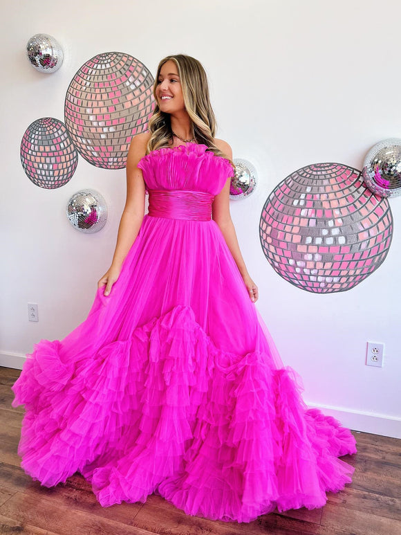 Off Shoulder Fuchsia Tulle Long Prom Dresses with Belt, Long Fuchsia F –  Shiny Party